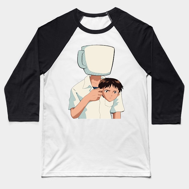 Shinji Holding a Mug HD (Mug Holding a Shinji) Restored image Neon Genesis Evangelion Baseball T-Shirt by Scribble-LeviJo